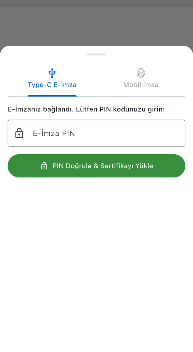 Scripta imzalama ekranı: Type-C e-imza ve mobil imza sekmeleri ile PIN girişi