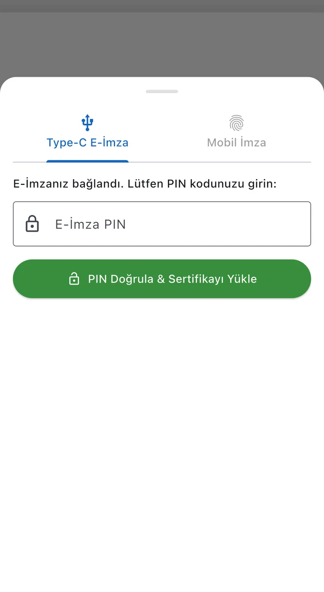 Scripta imzalama ekranı: Type-C e-imza ve mobil imza sekmeleri ile PIN girişi